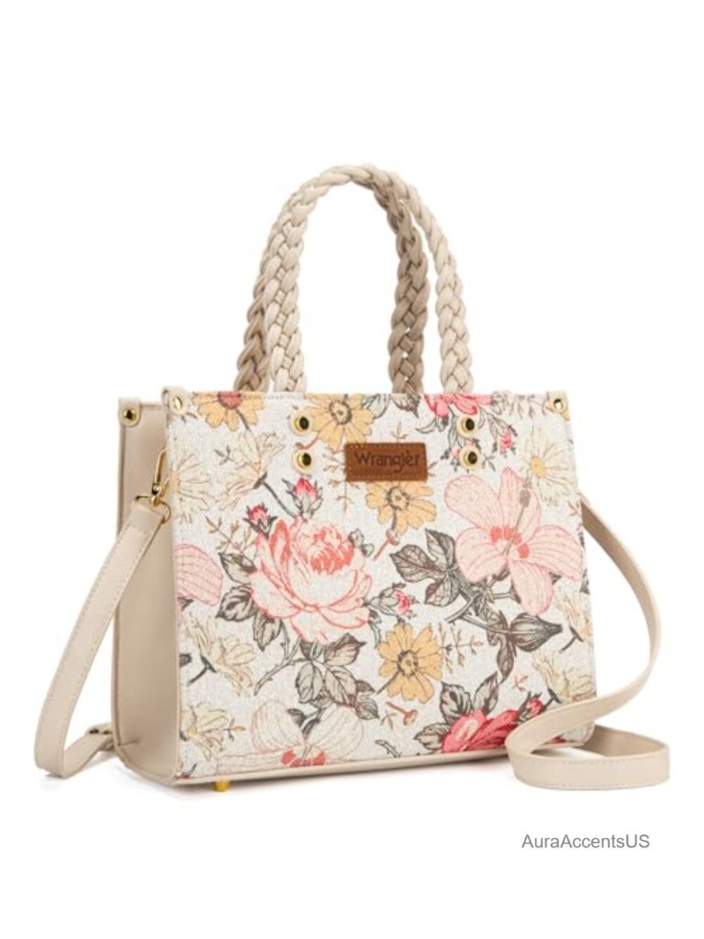 Floral Print Braided Tote Purse with Adjustable Shoulder Strap, PU Leather &